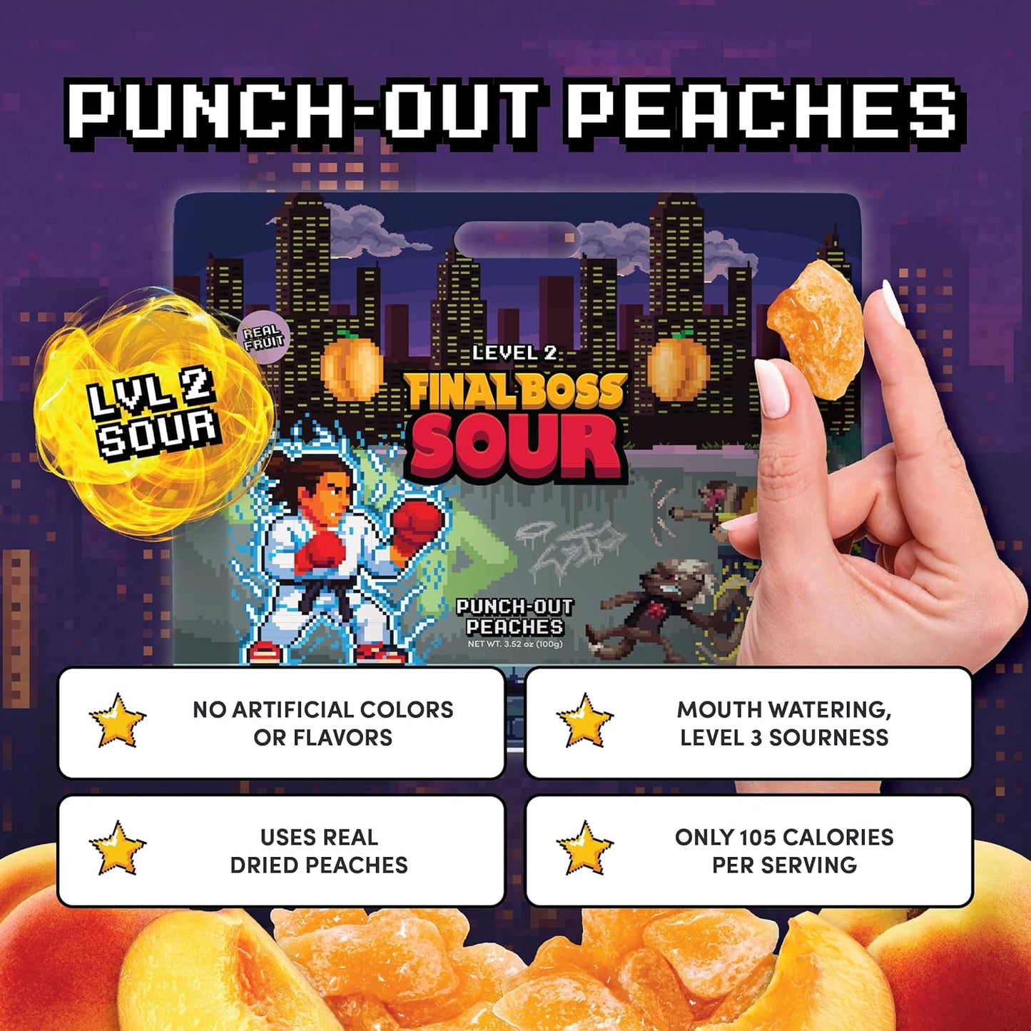 Level 2 Punch-Out Peaches Dried Fruit Sour Snack by Final Boss